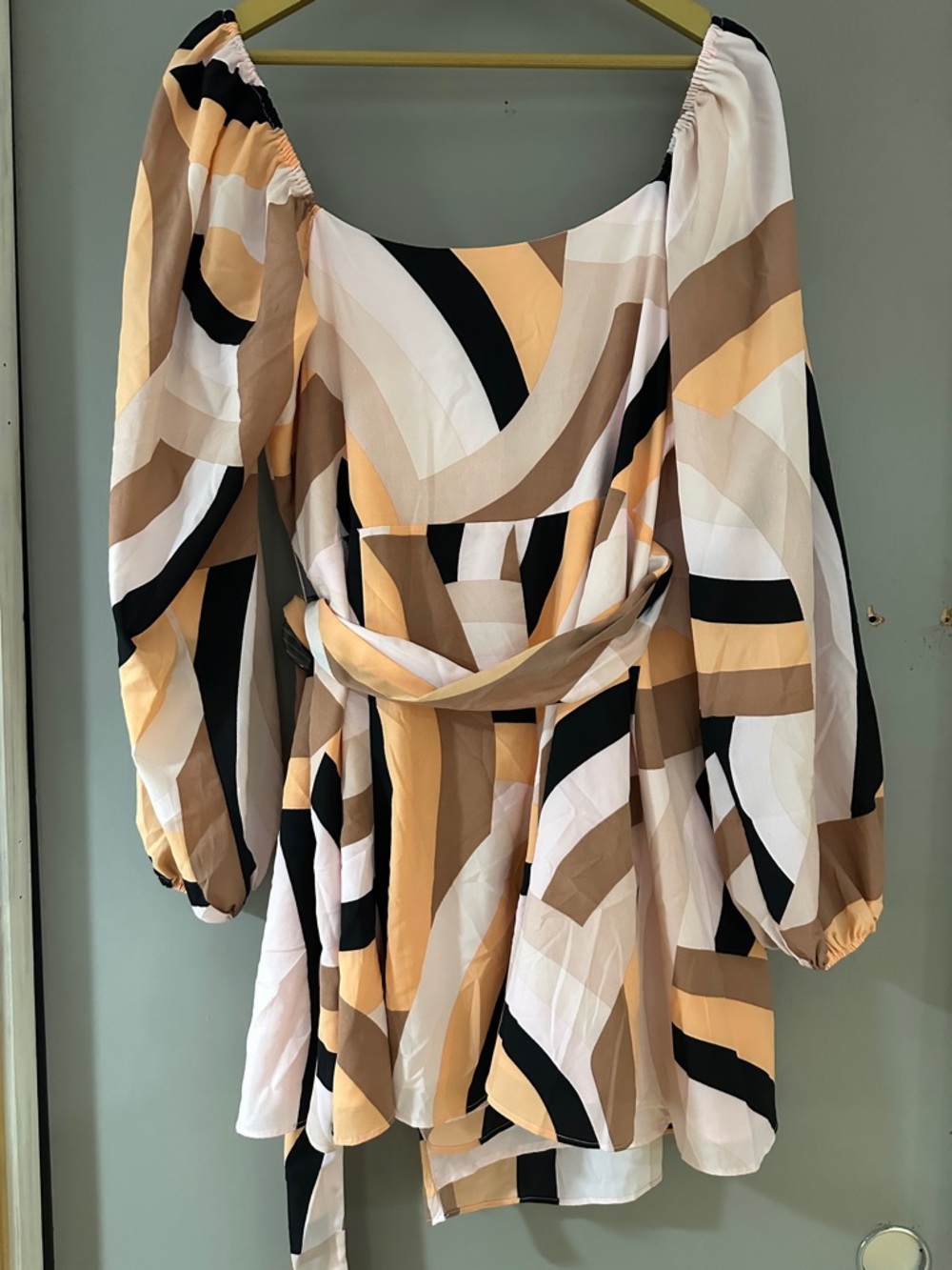 Anthropologie Hutch Geo Wrap Mini Dress Balloon Sleeve Tie Waist wedding guest - Picture 10 of 11